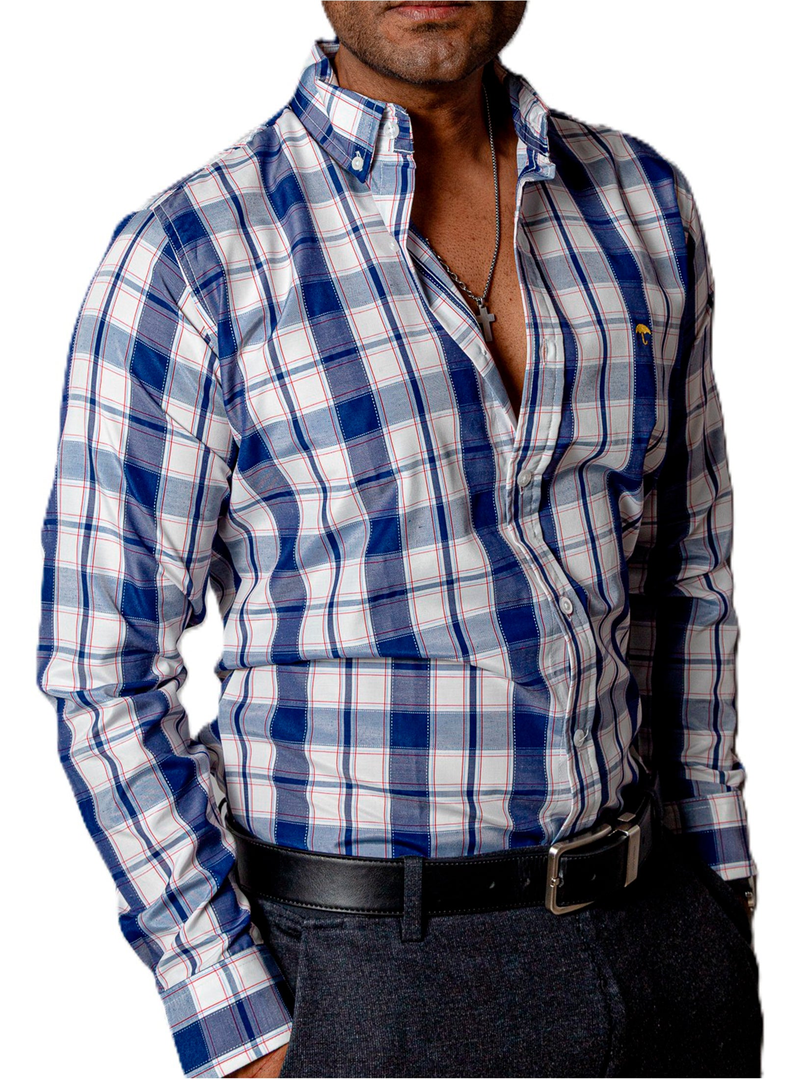 Camisa Hombre Casual Cuadros Blancos, Azul Marino