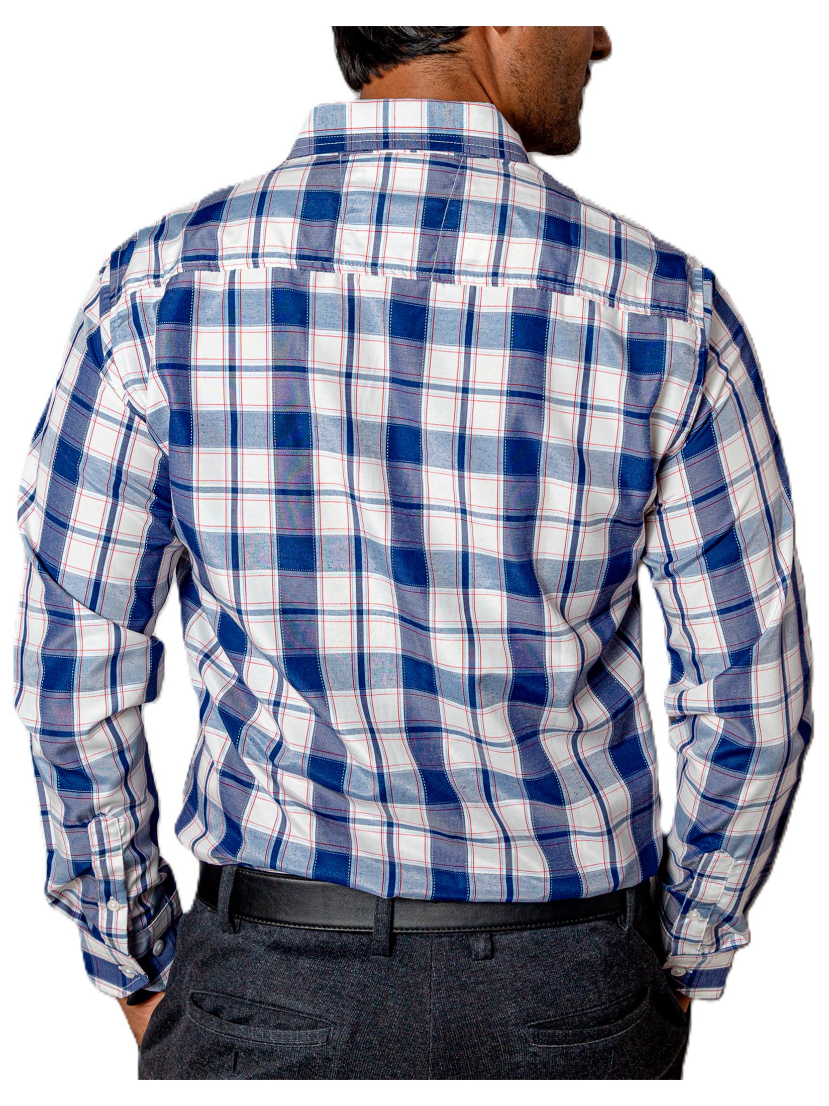 Camisa Hombre Casual Cuadros Blancos, Azul Marino