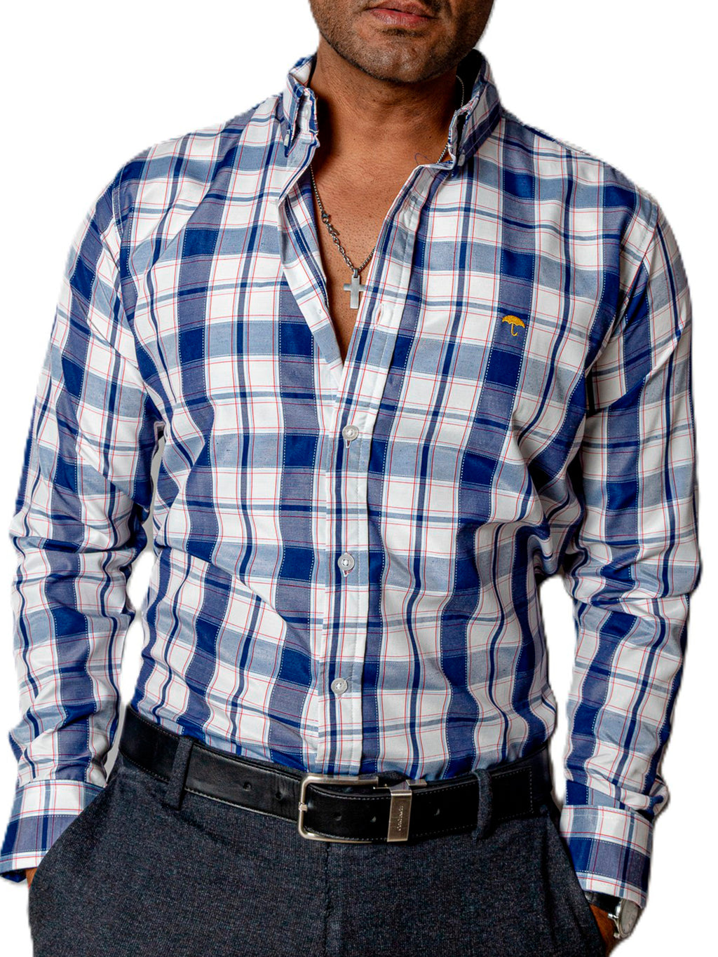 Camisa Hombre Casual Cuadros Blancos, Azul Marino