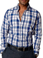 Camisa Hombre Casual Cuadros Blancos, Azul Marino