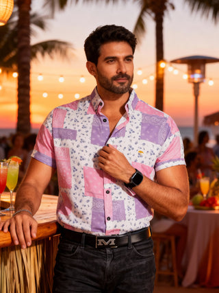 Camisa Hombre Casual Manga Corta Blanca Cuadros Rosas Bandanas