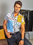 Men's Casual Short-Sleeved White Blue Plaid Shirt