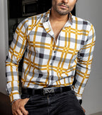 Men's Casual White Shirt with Yellow and Black Stripes