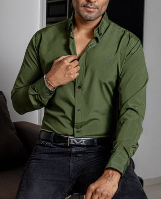 Camisa Hombre Casual Lisa Verde Militar