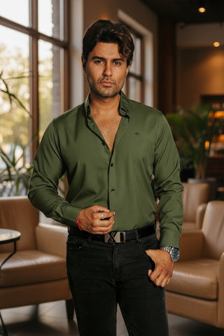 Camisa Hombre Casual Lisa Verde Militar