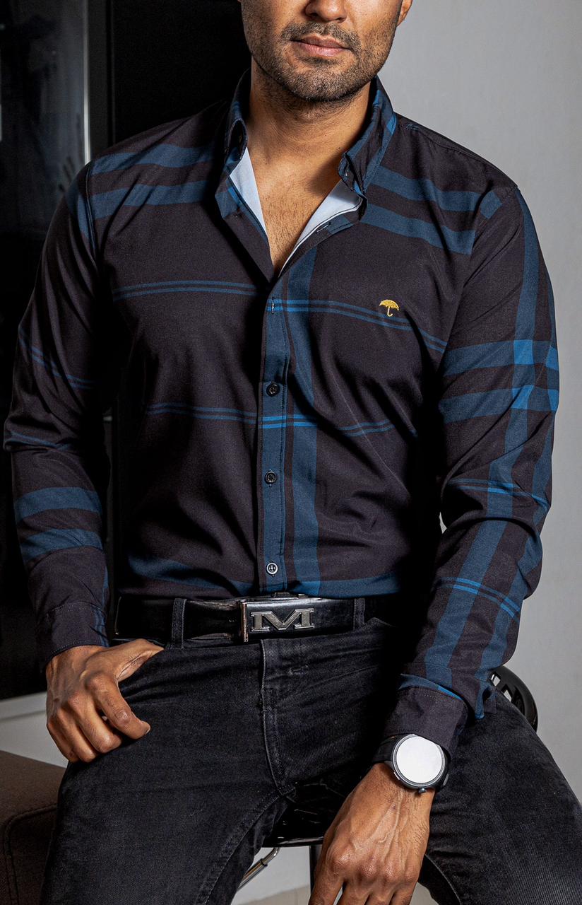 Men's Casual Black Shirt with Blue Lines