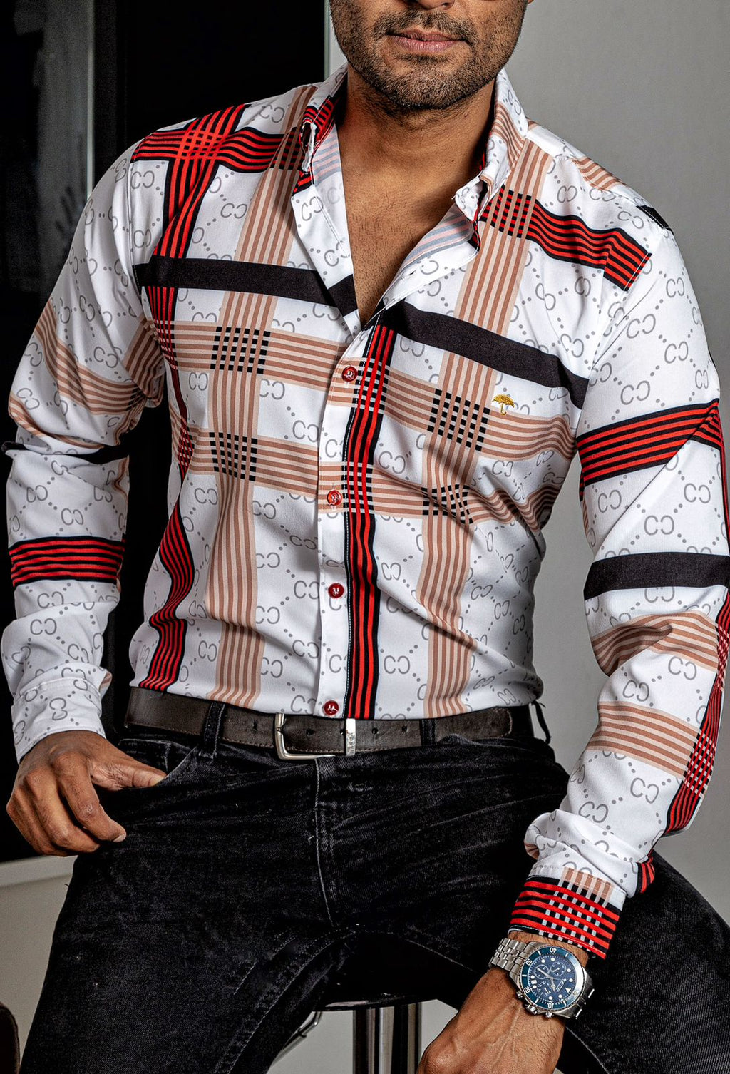 Camisa Hombre Casual Blancas Rayas Beige, Negras, Rojas - 34 (S)-Tiendas Platino