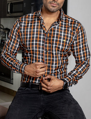 Camisa Hombre Casual Cuadros Negros, Naranja, Blancos