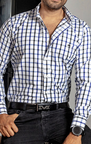 Camisa Hombre Casual Cuadros Blancos Lineas Negras, Azul