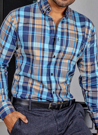 Camisa Hombre Casual Cuadros Marino, Azul, Beige