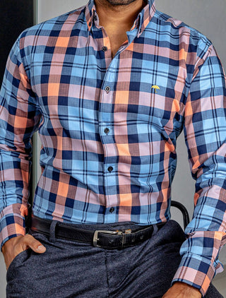 Camisa Hombre Casual Cuadros Azul, Naranja, Marino