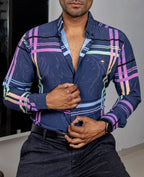 Camisa Hombre Casual Azul Oscuro Lineas Colores - Tiendas Platino Camisas Hombre 34 (S)