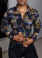 Camisa Hombre Casual Negra Flores Doradas, Purpuras - 34 (S)-Tiendas Platino