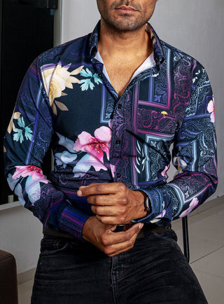 Camisa Hombre Casual Marino Flores Colores