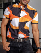 Camisa Hombre Casual Figuras Naranjas, Negras, Blancas - 34 (S)-Tiendas Platino