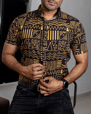 Camisa Hombre Casual Negra Figuras Oro