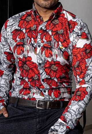 Camisa Hombre Casual Flores Rojas, Blancas