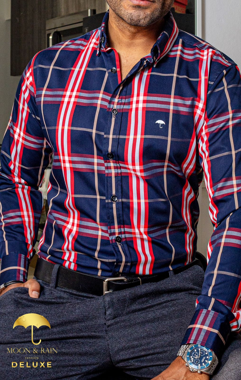 Men's Casual Checkered Shirt Navy Blue White and Red Lines
