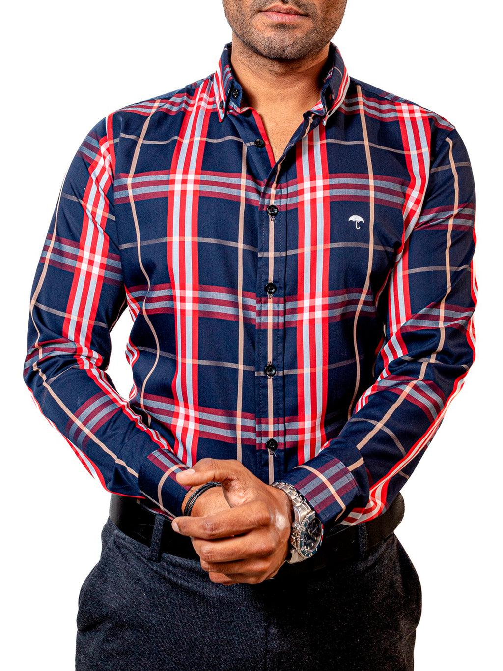 Camisa Hombre Casual Cuadros Marino Líneas Blancas Rojas