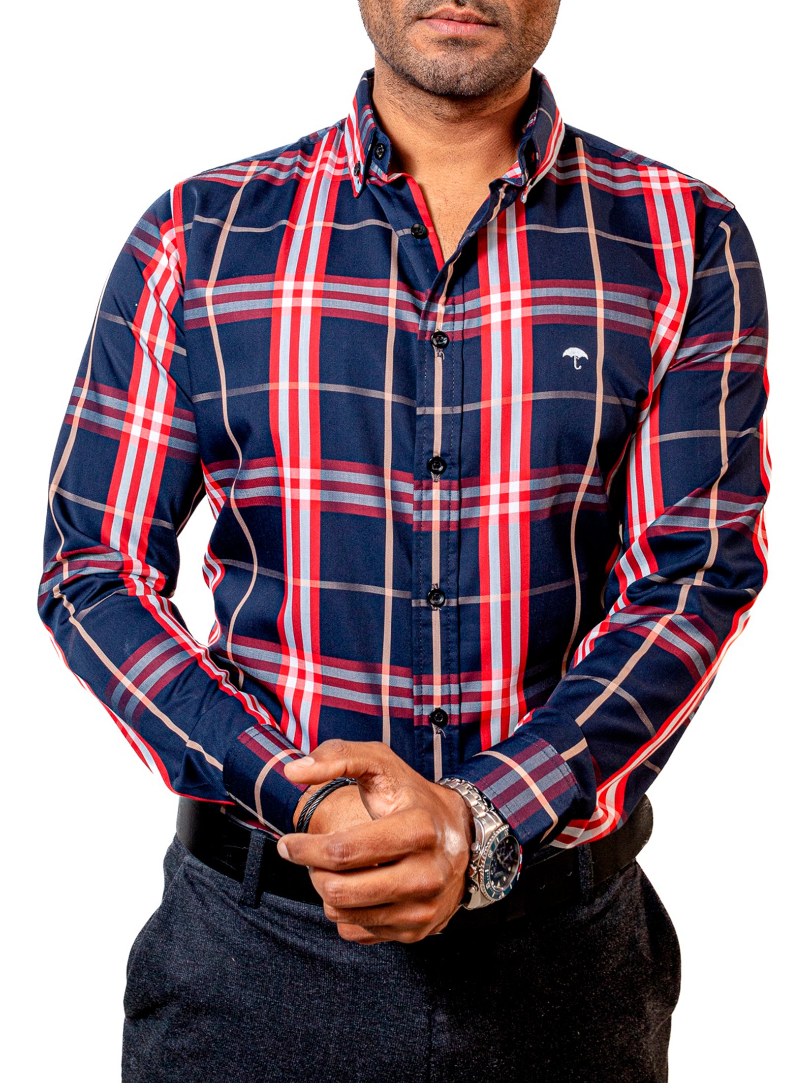 Camisa Hombre Casual Cuadros Marino Líneas Blancas Rojas