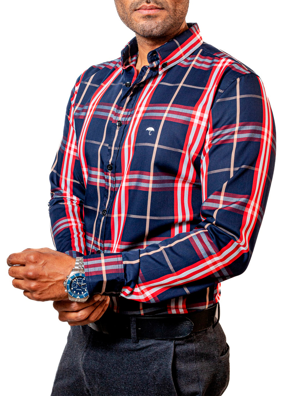 Camisa Hombre Casual Cuadros Marino Líneas Blancas Rojas