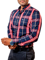 Camisa Hombre Casual Cuadros Marino Líneas Blancas Rojas