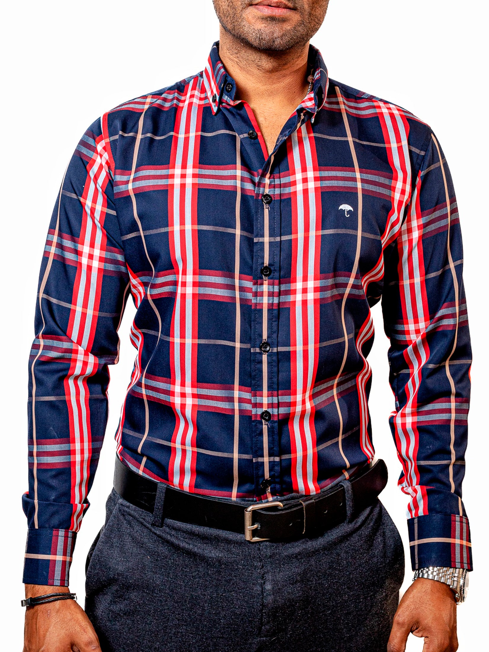 Camisa Hombre Casual Cuadros Marino Líneas Blancas Rojas