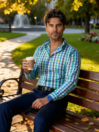 Camisa Casual Hombre Líneas Verde Gris y Azul