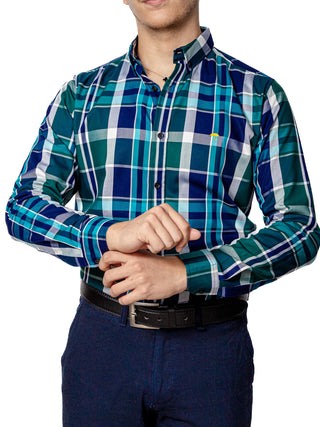 Camisa Casual Hombre,cuadros Azu Marino,verde