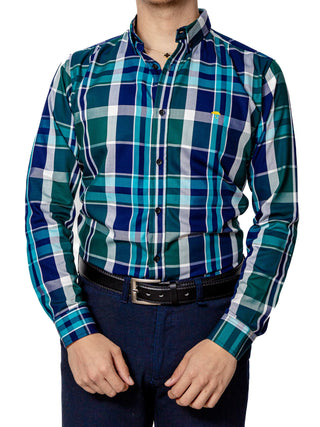 Camisa Casual Hombre,cuadros Azu Marino,verde