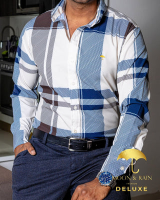 Camisa Hombre Casual Cuadros Blancos, Azul, Marrón