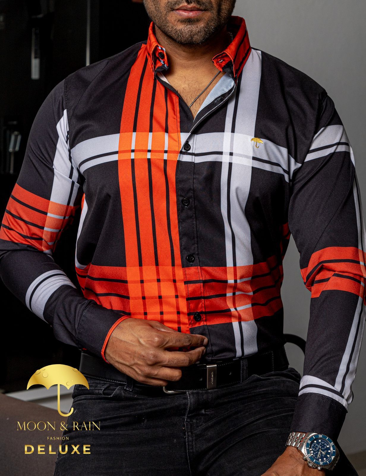 Camisa Casual Hombre, Negra Líneas Naranja Y Beige - 34 (S)-Tiendas Platino