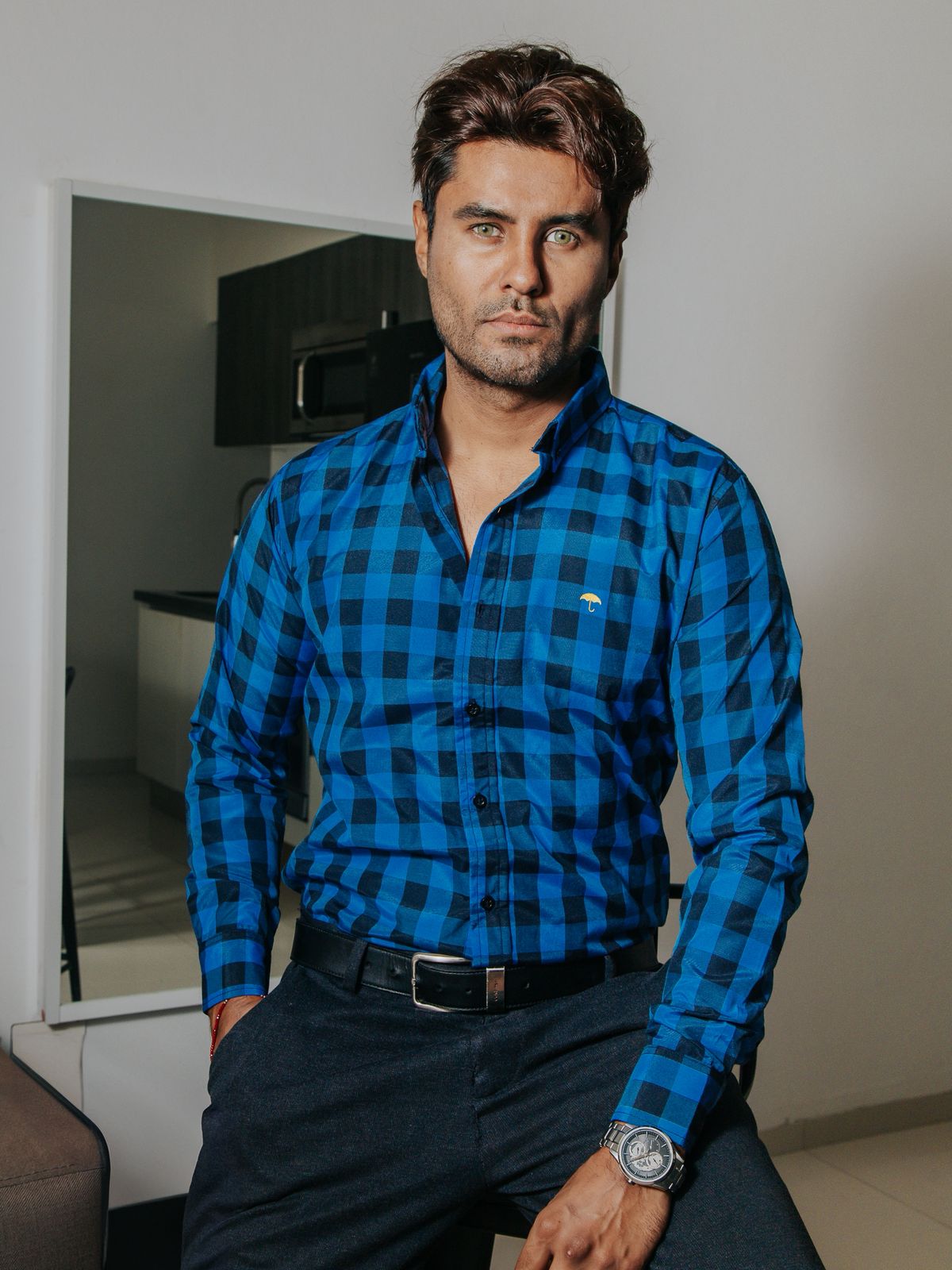 Camisa Hombre Casual Azul Cuadros Negro