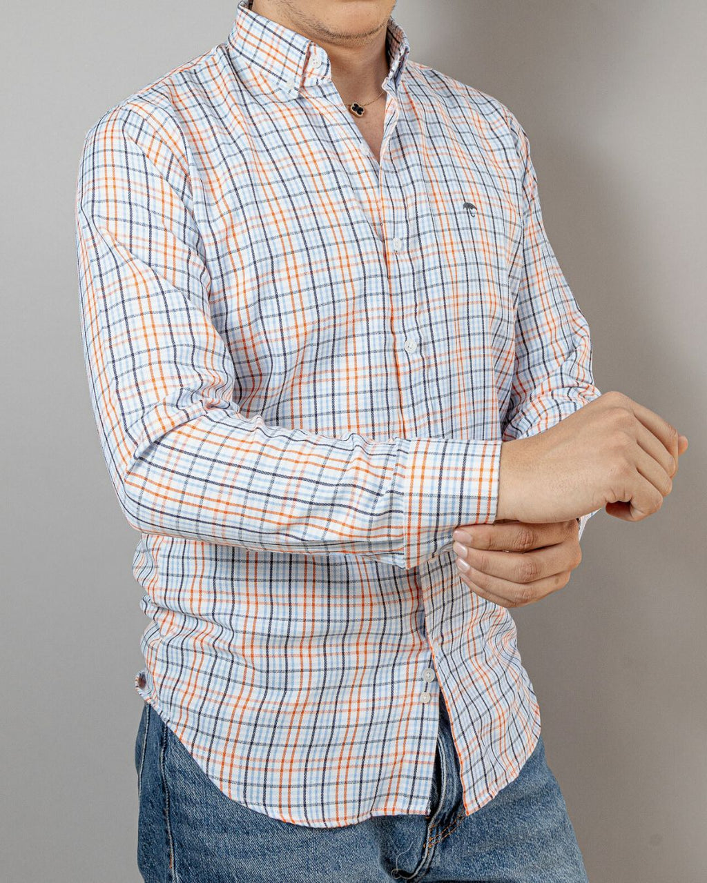 Camisa Hombre Casual Blanca Líneas Azul Cielo Y Naranja