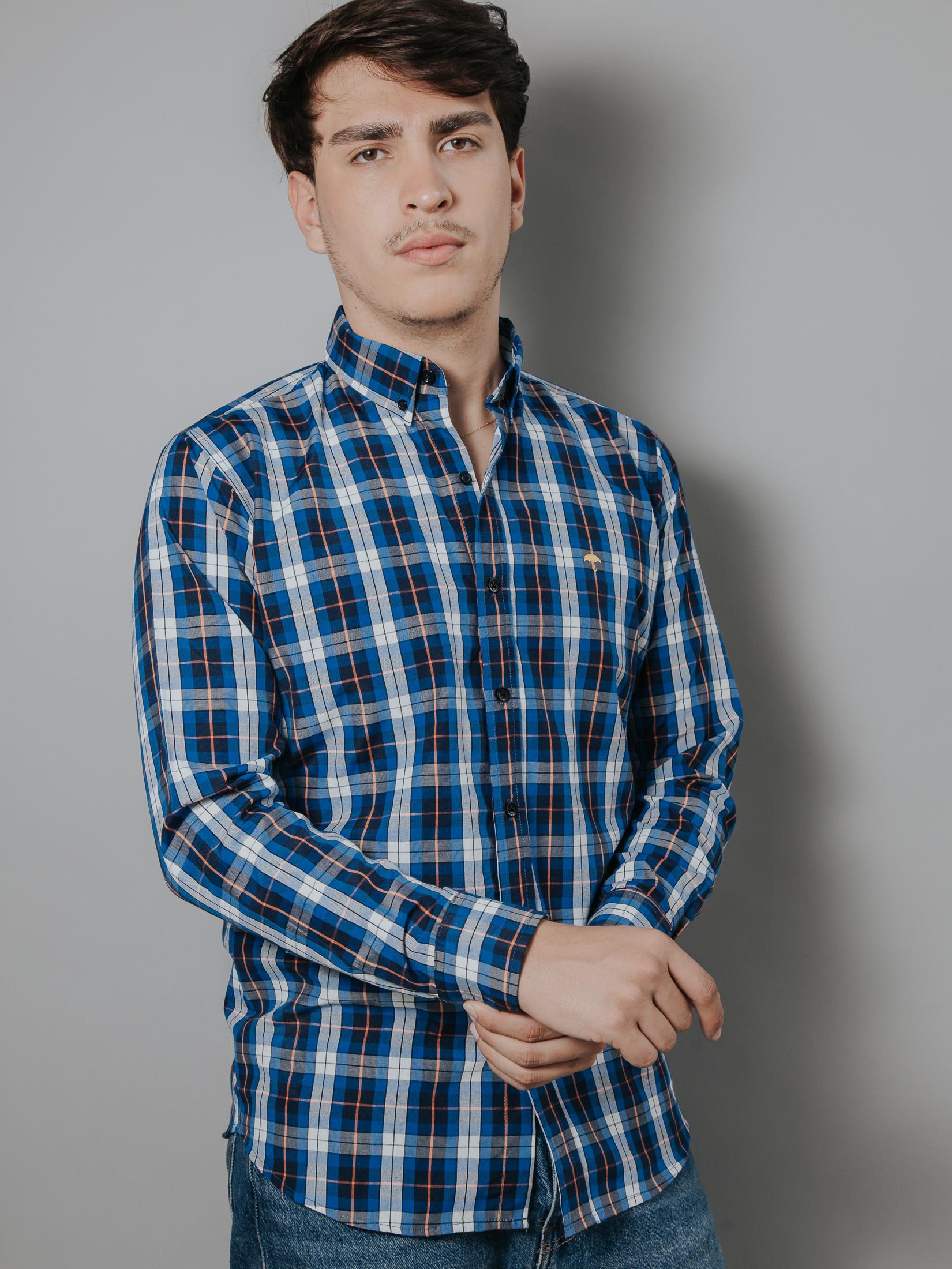 Camisa Hombre Casual Cuadros Azul Y Blanco Línea Naranja