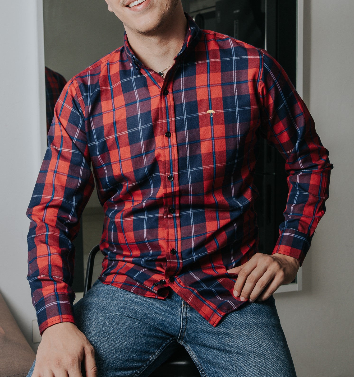 Camisa Hombre Casual Cuadros Azul Y Rojo Líneas Azul Rey