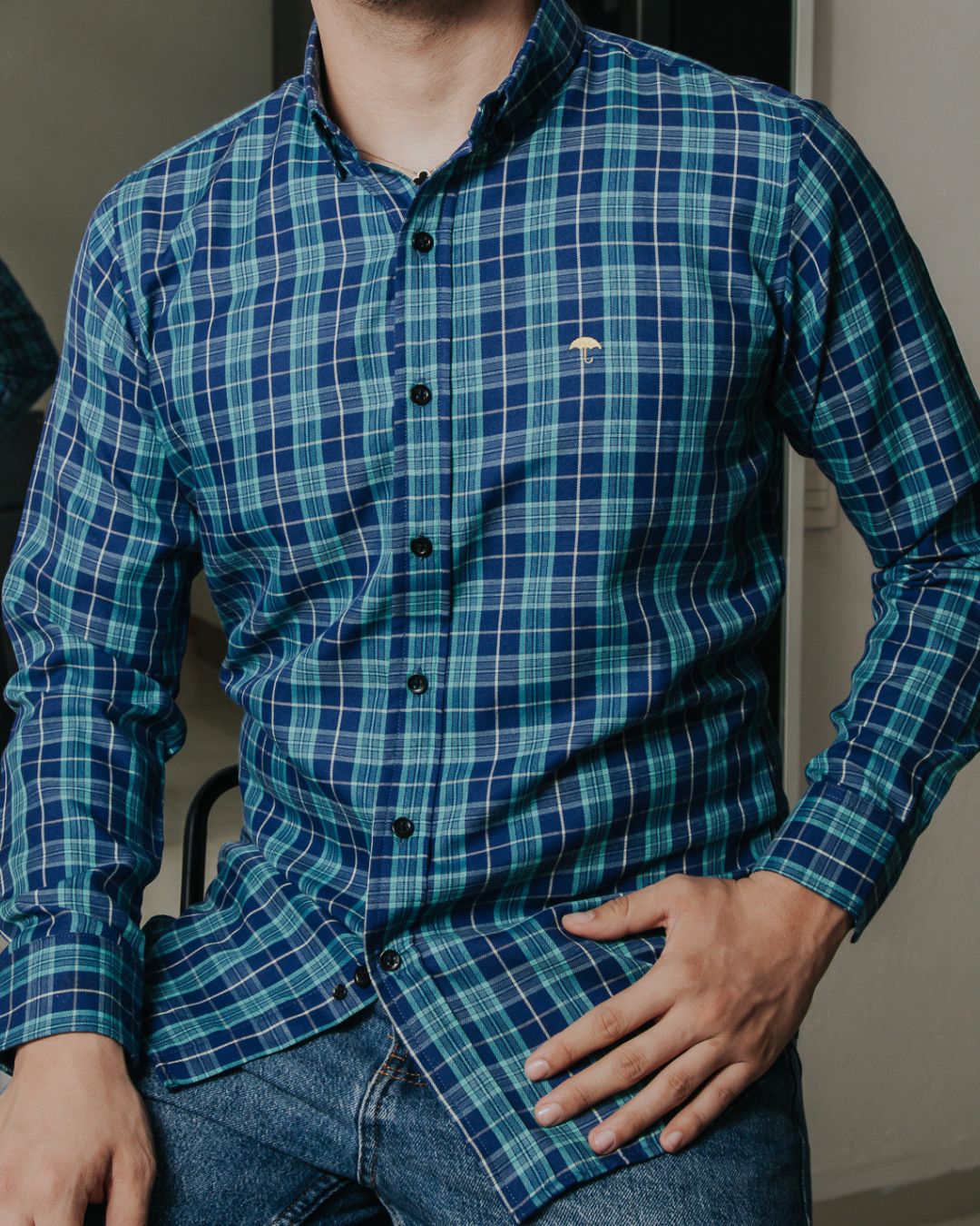 Camisa Hombre Casual Cuadro Azul Rey Y Verde