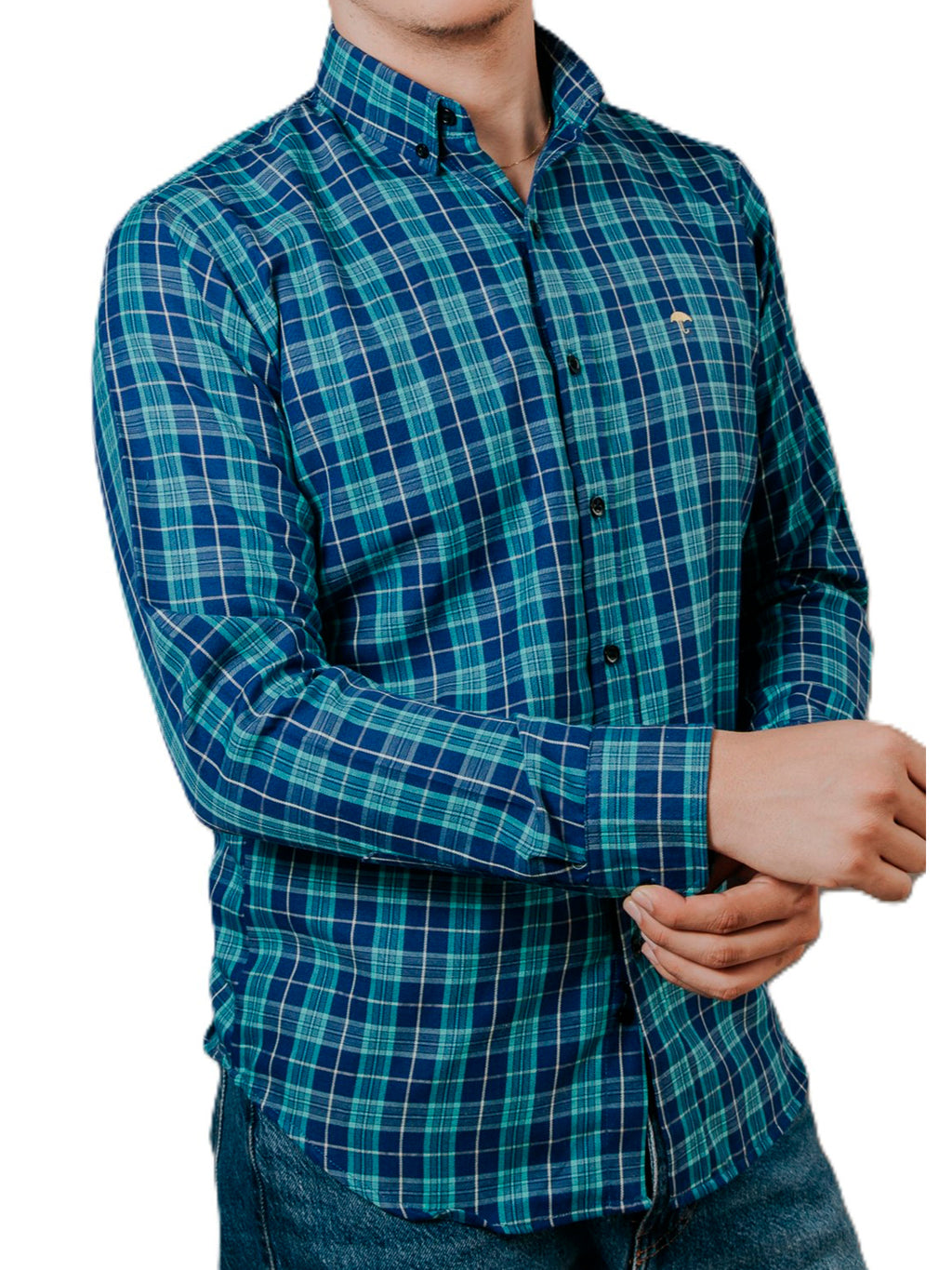 Camisa Hombre Casual Cuadros Verdes, Azul Marino