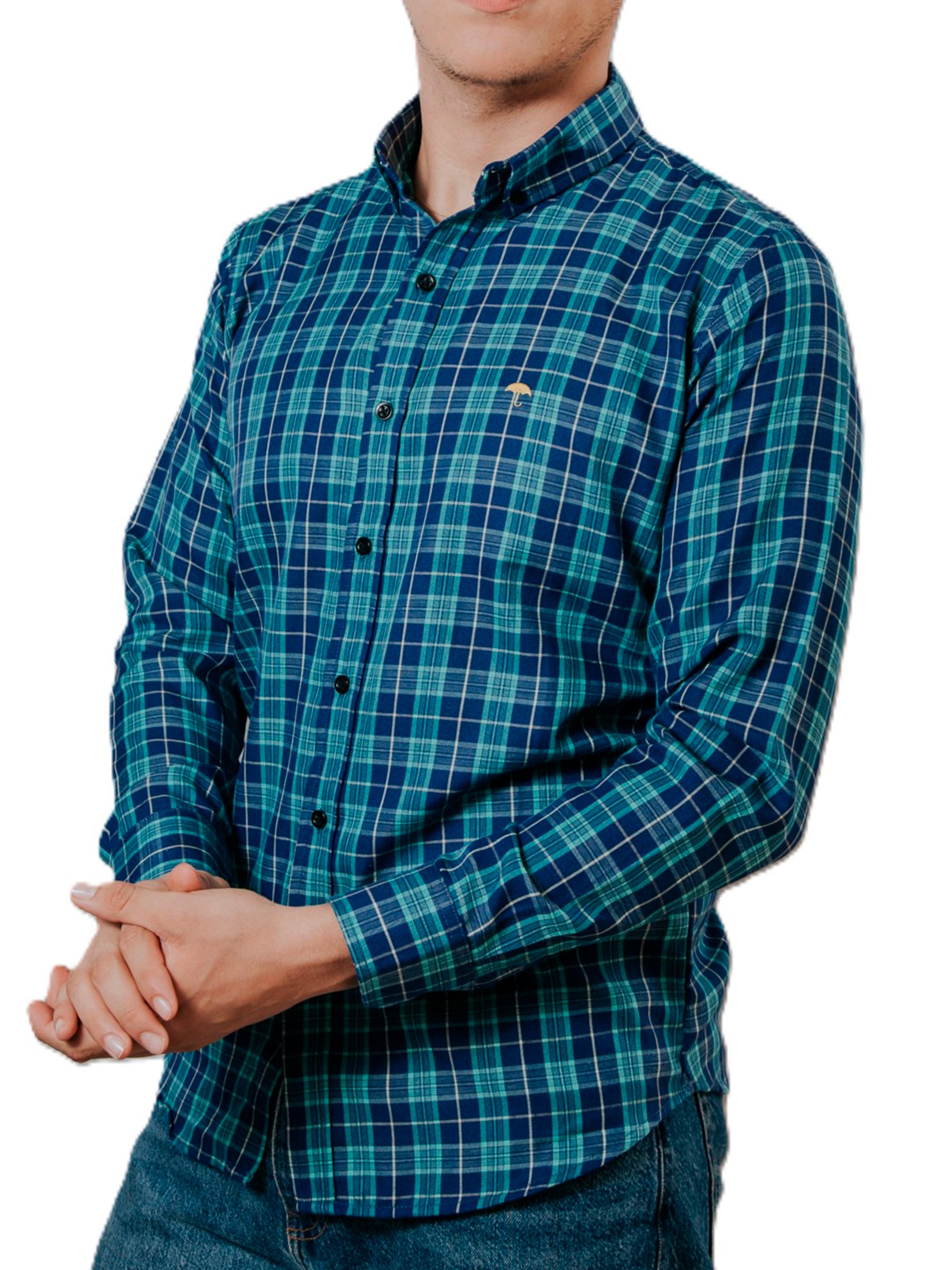 Camisa Hombre Casual Cuadros Verdes, Azul Marino