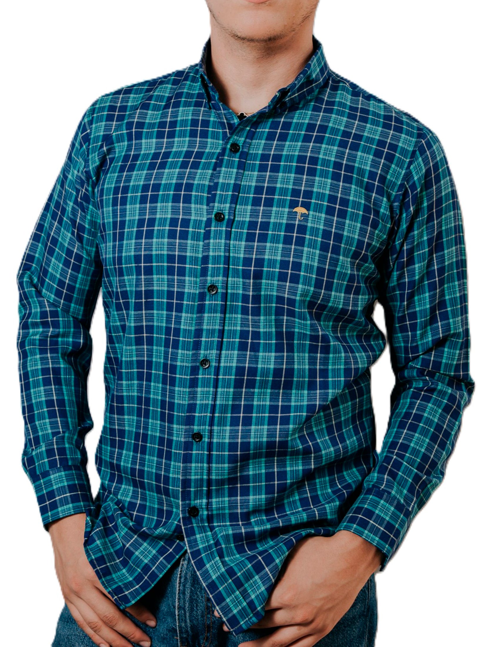 Camisa Hombre Casual Cuadros Verdes, Azul Marino