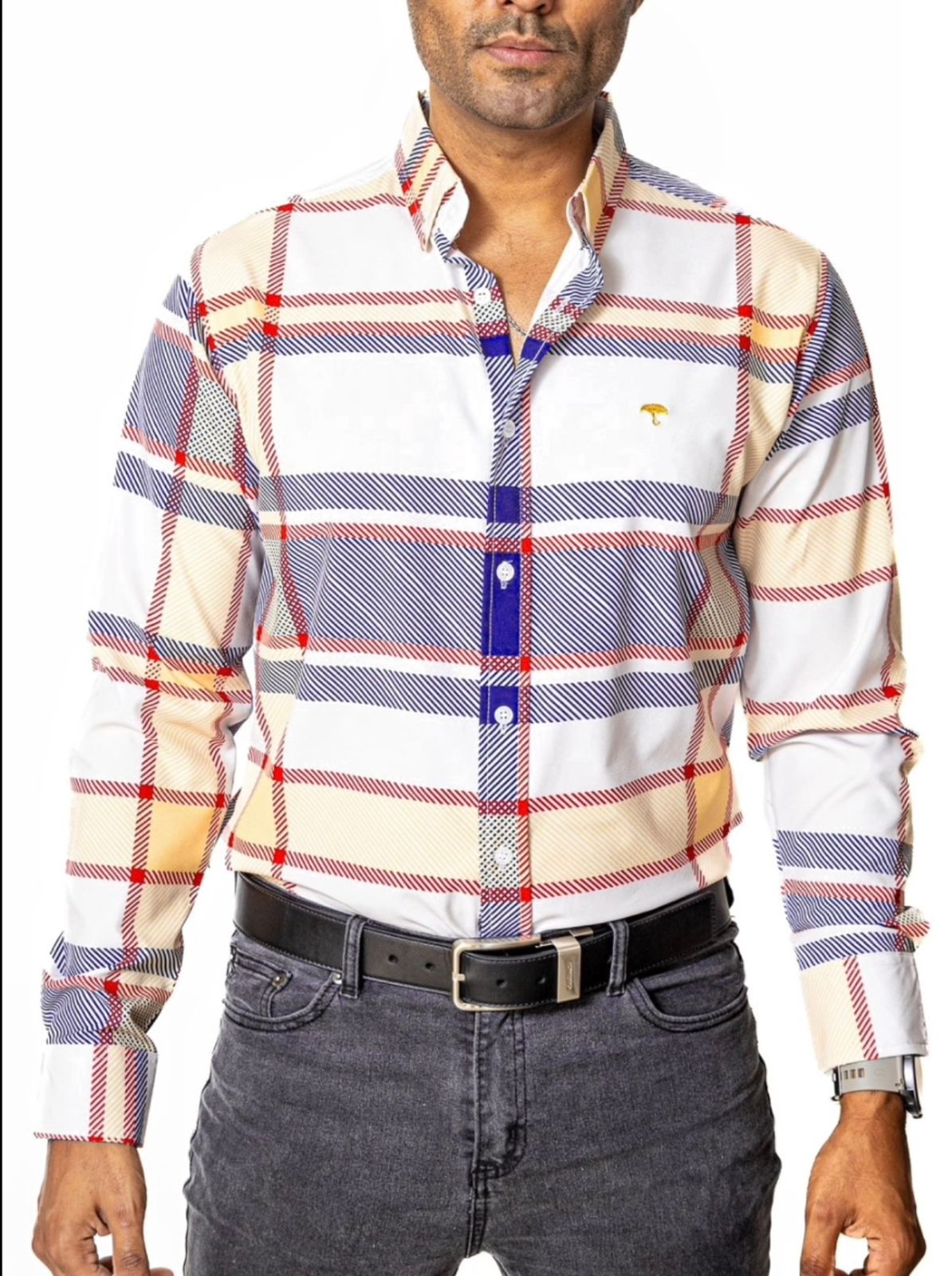Camisa Hombre Casual Hueso Líneas Morado Rojo y Amarillo