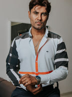 Camisa Hombre Casual Azul Claro Líneas Negro y Naranja