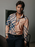 Camisa Hombre Casual Melón Cuadros Azul Marino Línea Roja