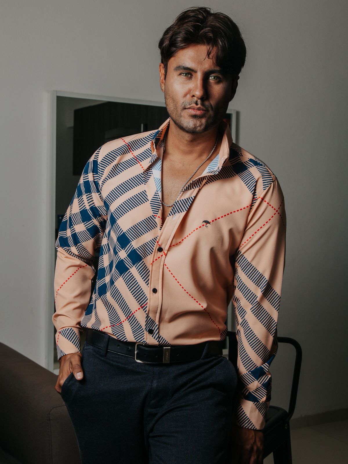 Camisa Hombre Casual Melón Cuadros Azul Marino Línea Roja