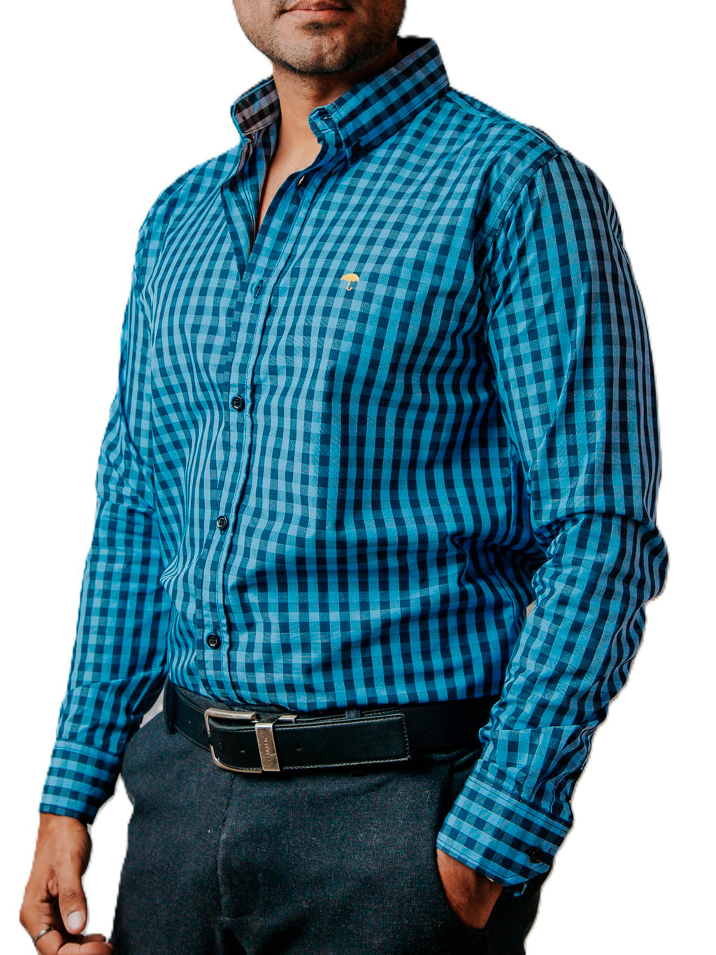 Camisa Hombre Casual Mini Cuadros Azul, Negros