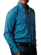 Camisa Hombre Casual Mini Cuadros Azul, Negros
