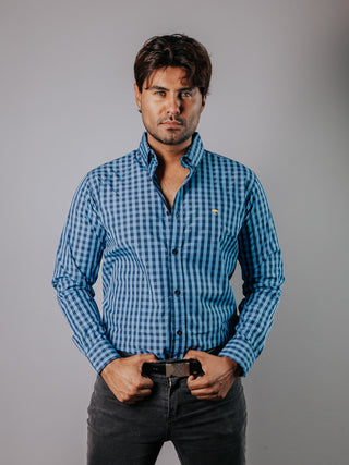 Camisa Hombre Casual Mini Cuadros Azul Rey y Negro