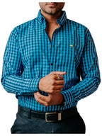 Camisa Hombre Casual Mini Cuadros Azul, Negros