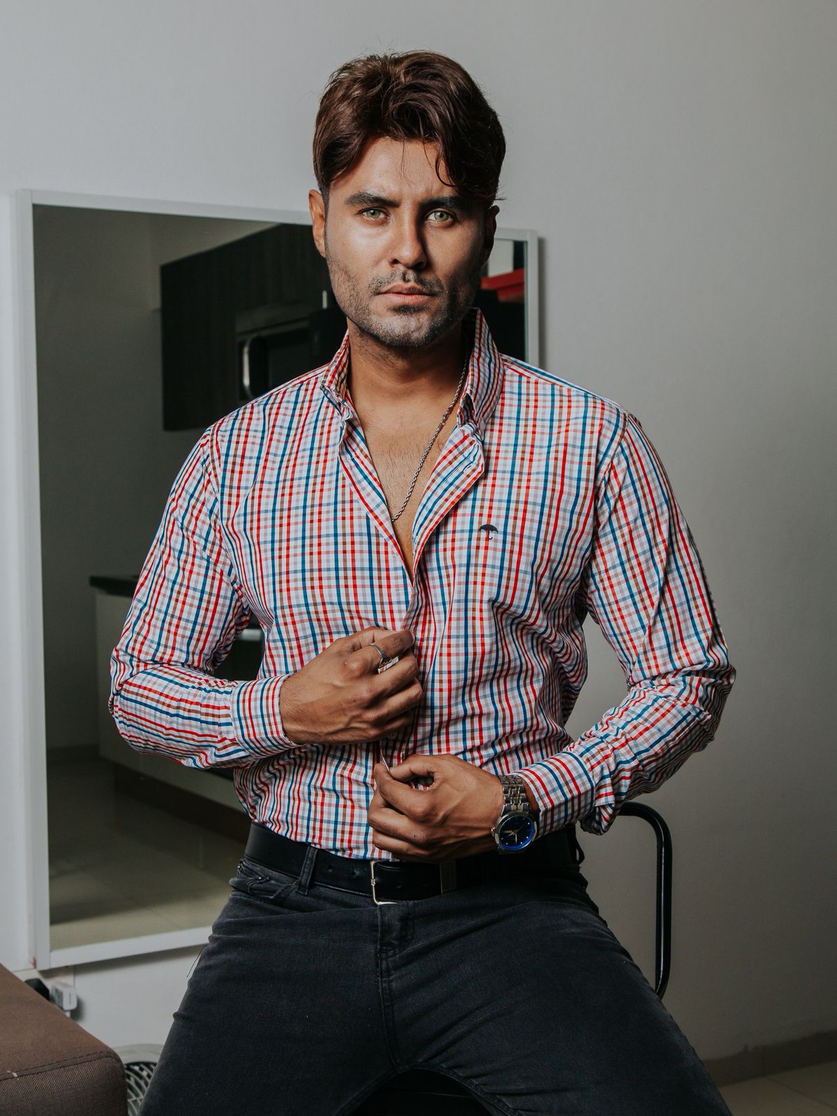 Camisa Hombre Casual Cuadros Azul Marrón Rojo y Gris