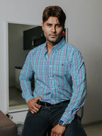 Camisa Hombre Casual Cuadros Azul Verde y Púrpura
